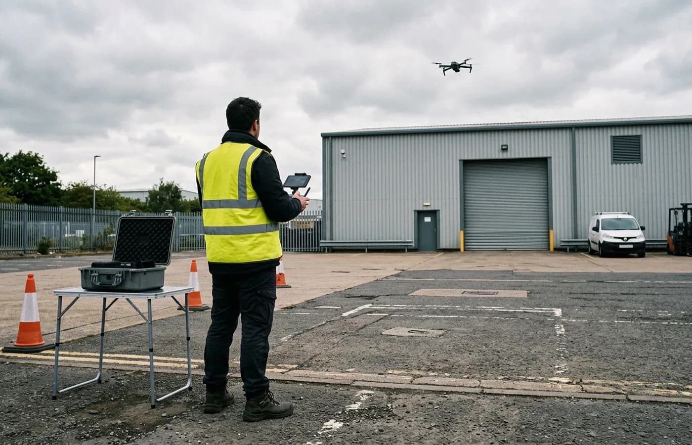 A drone pilot in a hi vis vest standing at the edge of a service yard on an industrial estate, holding a controller and looking up at the aircraft
