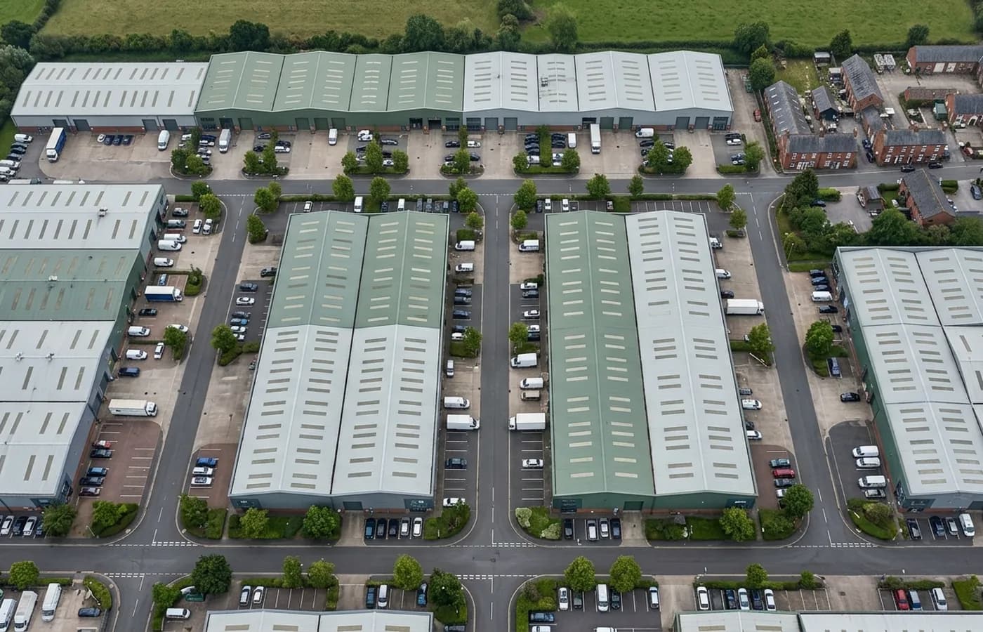 A Devon trade estate seen from directly above, showing the service roads and yards a take off position has to fit into