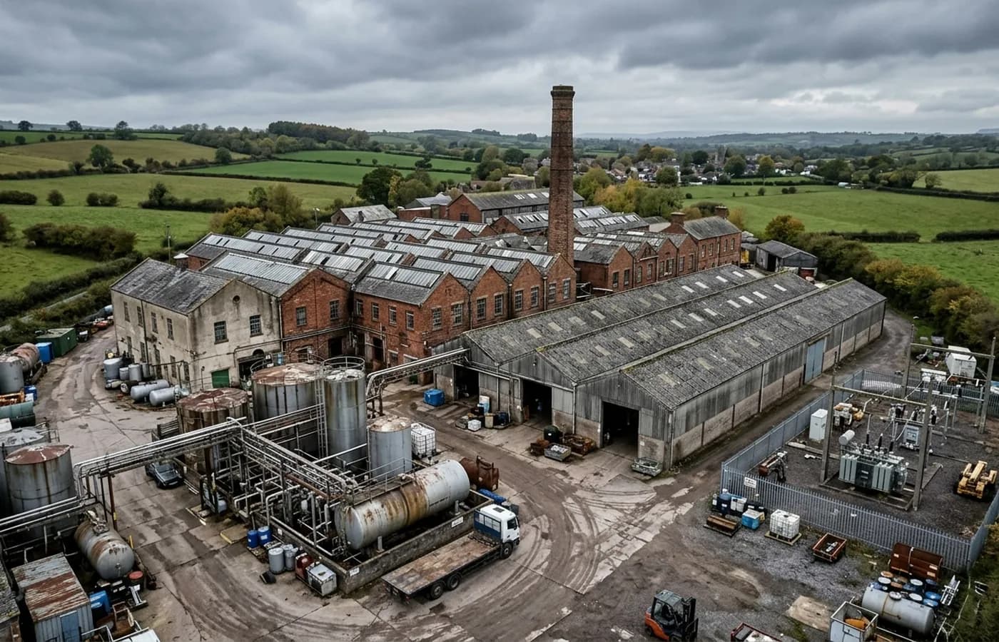 An older Somerset works site with north light sawtooth roofs, a brick chimney, steel silos and pipework in a yard