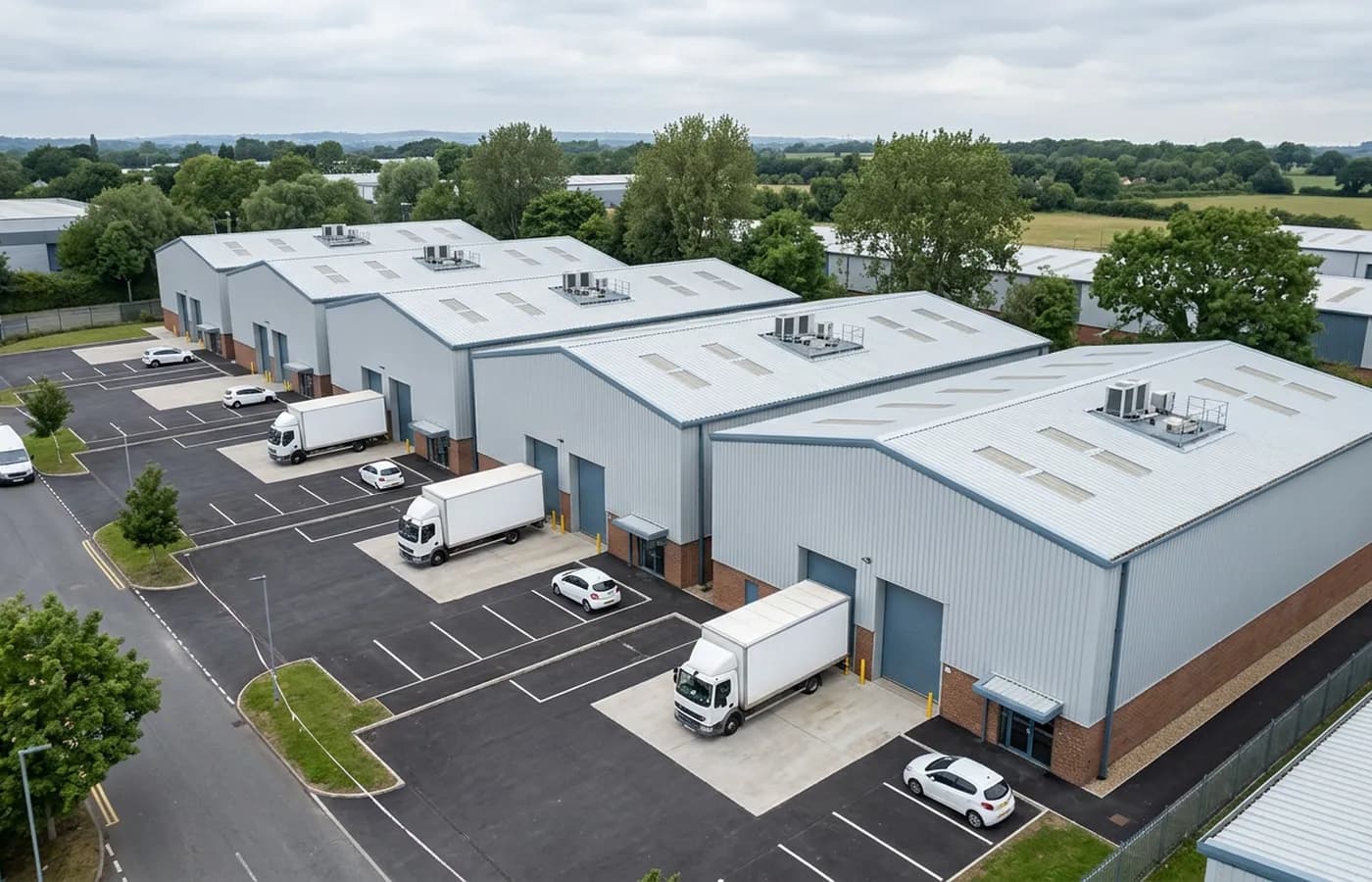 A row of five identical warehouse units on a business park photographed from the air, their roofs and box gutters repeating in a line